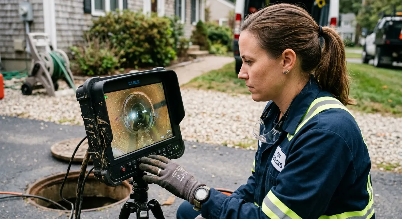 Technician reviewing sewer camera inspection footage in Toppenish