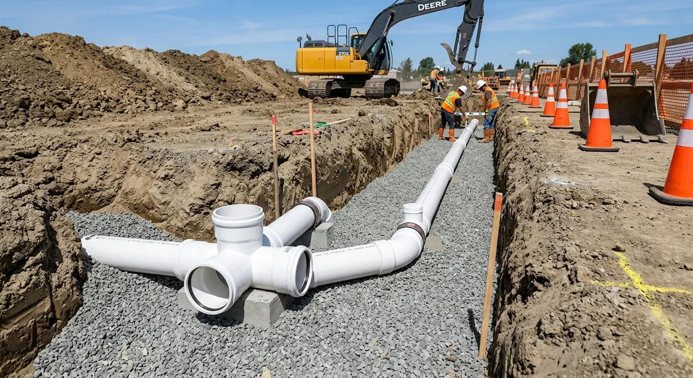 New PVC sewer pipe installation in open trench for Sewer Backup in Toppenish
