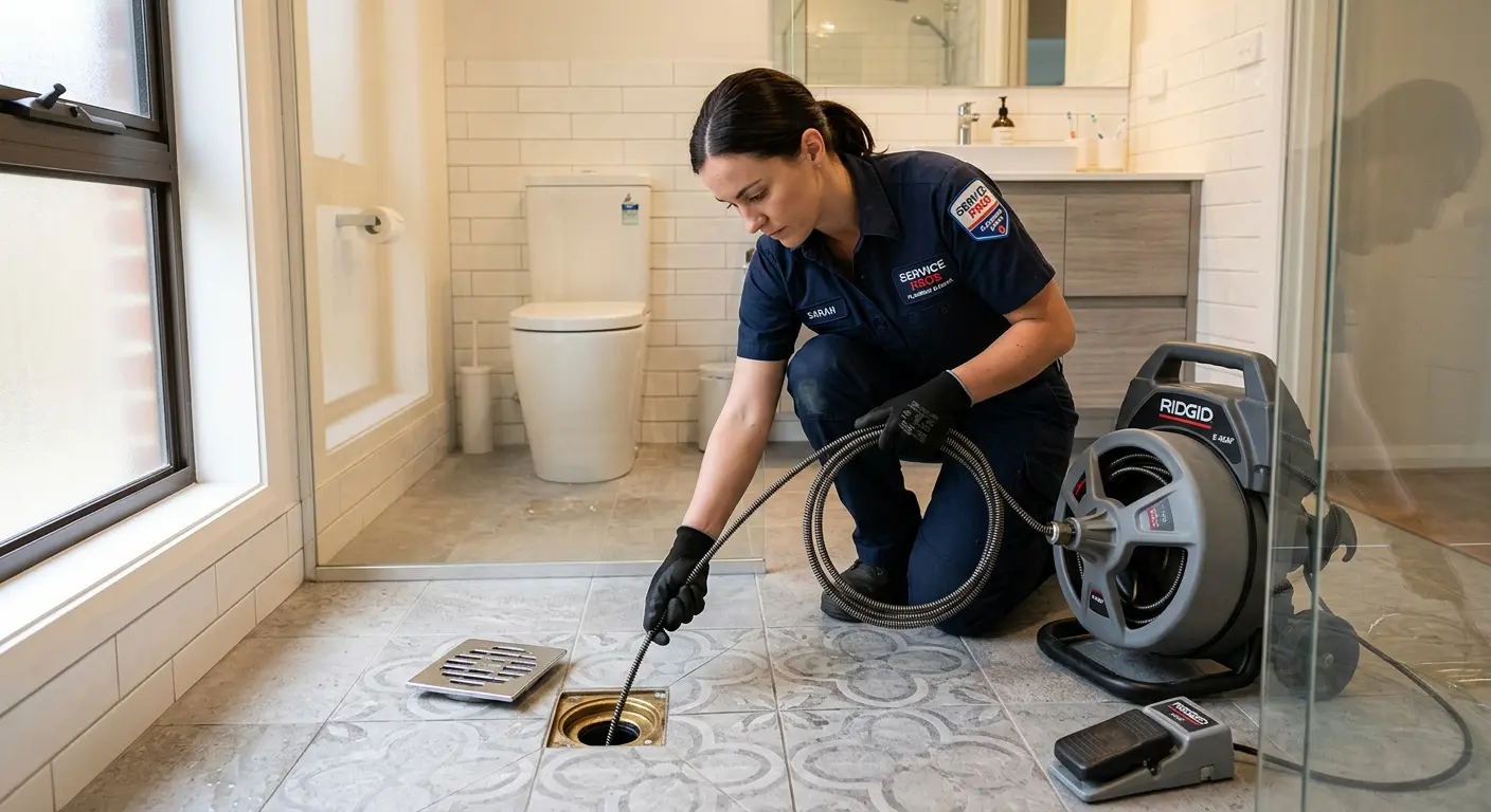 Technician clearing a bathroom floor drain for Drain Repair in Toppenish